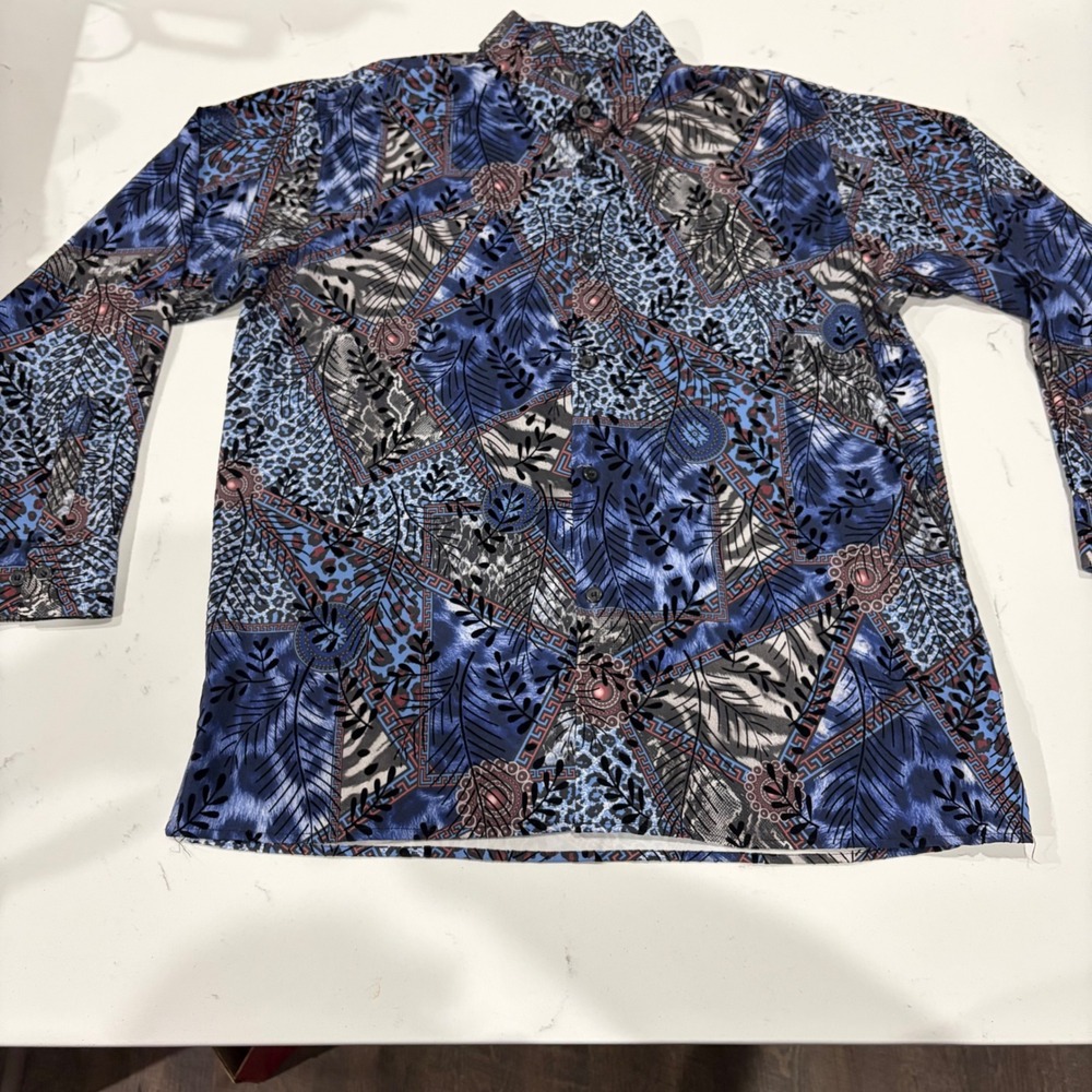 Pronti Collection By Phita Mens XL Blue Patchwork Animal Print Velvet Flocked